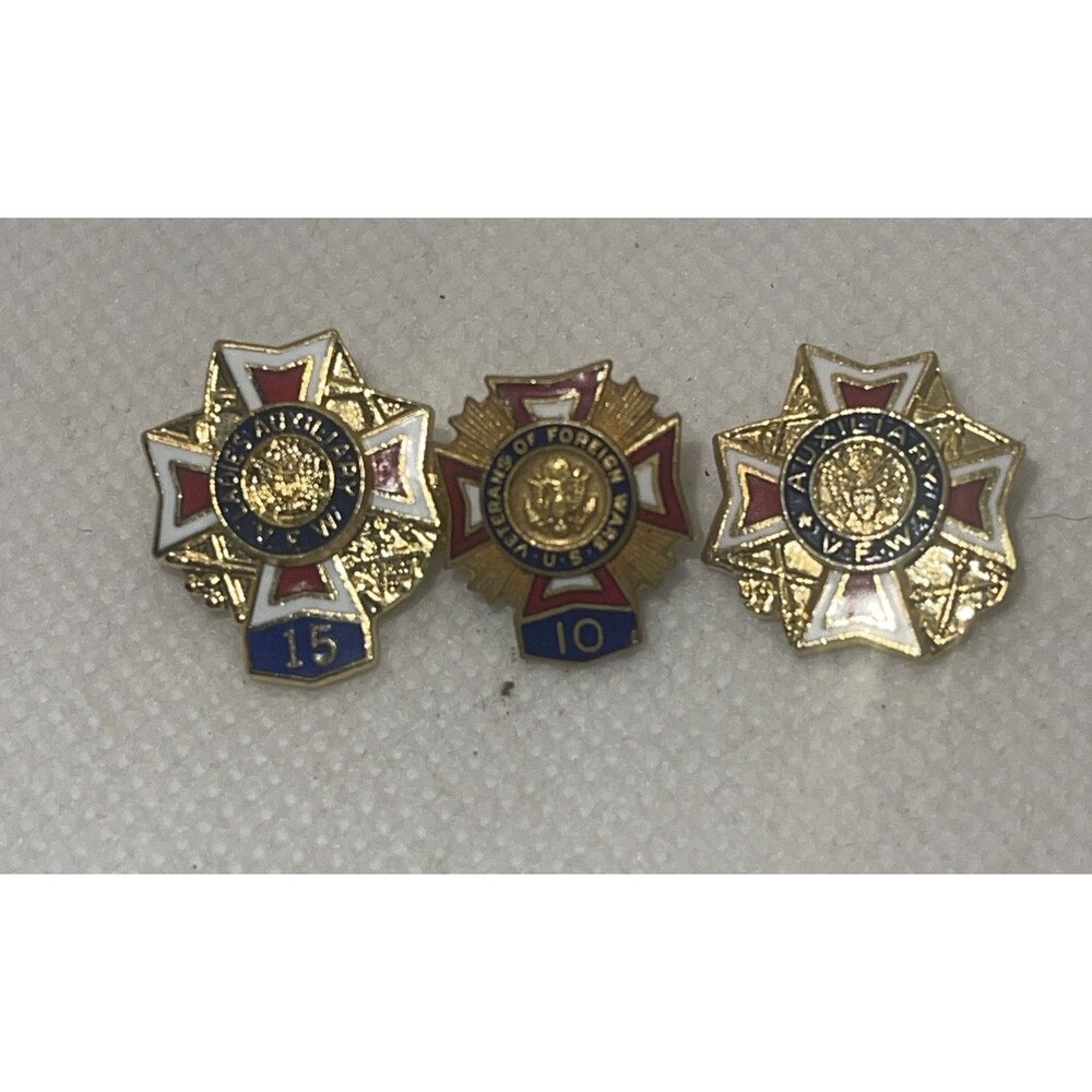 VINTAGE VFW US Veterans of Foreign Wars 10 & 15 Years Members Enamel Lapel Pins